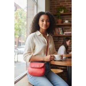 Michael Kors Crossbody Bag Womens Small Coral Pink Pebbled Leather Gold Chain